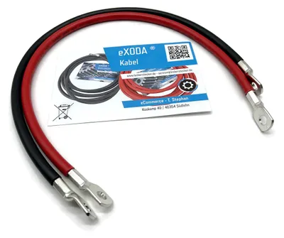 Zdjęcie produktu dla Zestaw kabli akumulatorowych eXODA, 25 mm², 50 cm, czerwony i czarny, złącze M8, do samochodów, łodzi i motocykli