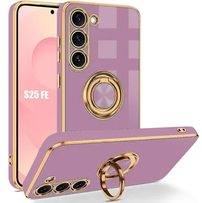 Image de Coque pour Samsung Galaxy S25 FE, Protection Silicone Souple avec Support Anneau Rotatif - Violet