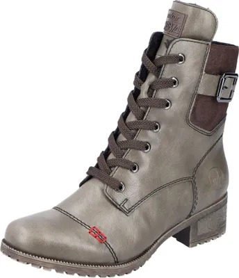 A single gray boot with brown accents and laces against a white background.