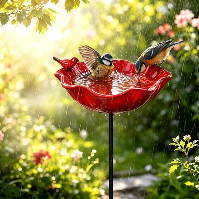 Image de Abreuvoir pour oiseaux, en métal rouge, résistant aux intempéries, idéal pour le jardin et les abeilles