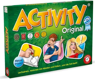 The image shows the packaging of the board game 'Activity Original'. The packaging is predominantly green with colorful illustrations and text.