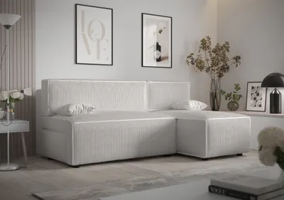 Produktbild von Ecksofa Alvito, Farbe: Weiß. Material: Kord. A: B: 212 cm,H: 85 cm, T: 105 cm, Eckcouch, Schlafcouch, Sofa bed, Schlafsofa