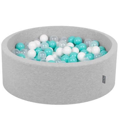 Obrázok produktu pre KiddyMoon 90x30cm/300 loptičiek ∅ 7cm Okrúhly Detské penové loptičky  vyrobené v EÚ, Svetlo šedá: Svetlotyrkysová/Biela/Priehľadná
