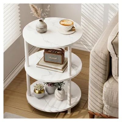 Image de Table d'appoint ronde avec 3 étagères, style vintage, blanche