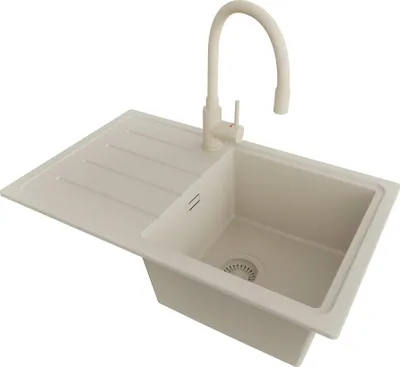 Produktbild von PRIMAGRAN Granitspüle Beige 70x44cm, Spülbecken 1 Becken + Küchenarmatur 38x14cm + Ablauf-Set, Küchenspüle ab 45er Unterschrank - Kopenhagen Easy