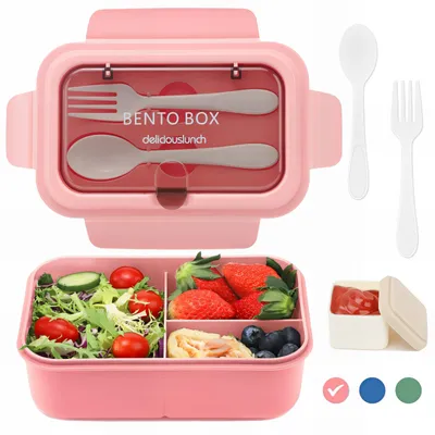 Produktbild von Kinder-Lunchbox 1200 ml, auslaufsichere Lunchbox mit 3 Fächern, Bento-Box für Erwachsene mit Besteck, Snack-/Frühstücksbox für Kleinkinder und Jungen, rosa