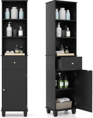 Image de Armoire de salle de bain COSTWAY, armoire de salle de bain, armoire haute avec 3 étagères, tiroir, porte et étagère, armoire de rangement en bois pour salle de bain, noir