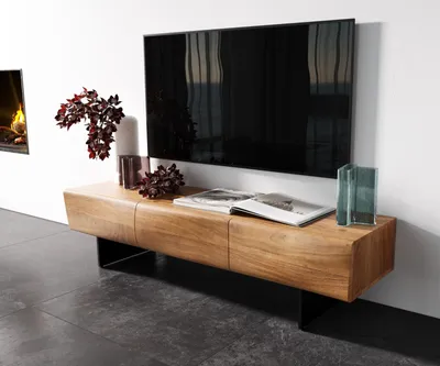 Produktbild von DELIFE Lowboard New Live-Edge 145 cm Akazie Natur 3 Türen Fuß schwebend Metall Schwarz