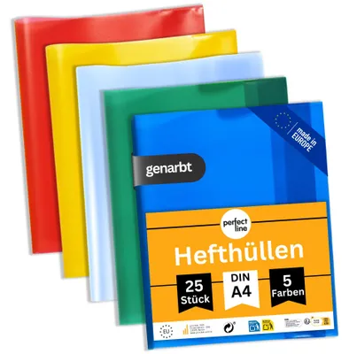 Produktbild von perfect line 25 Hefthüllen DIN A4 bunt, 5 Farben - Heftumschlag genarbt transparent, 90 my PP, dokumentenecht