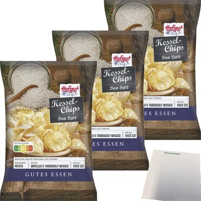 Produktbild von Hofgut Kessel Chips Sea Salt 3er Pack (3x150g Beutel) + usy Block