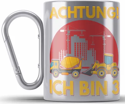 Produktbild von Trendation - Achtung Ich Bin 3 Edelstahl Tasse Karabiner Geschenk 3-Jähriger Junge Bagger Geschenkidee Sohn (Silber)