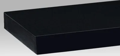 A close-up, angled view of a black shelf against a light gray background.
