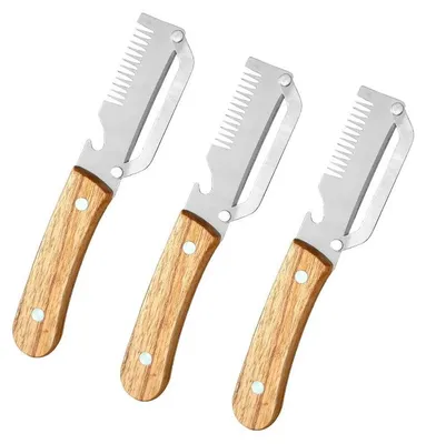 Image de Éplucheur à légumes en acier inoxydable avec manche en bois, éplucheur 3-en-1 pour fruits et pommes de terre avec décapsuleur, ustensiles de cuisine pour éplucher. Nombre de pièces : 3