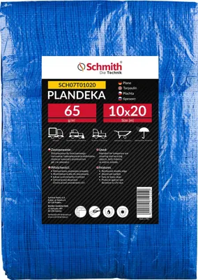 Zdjęcie produktu dla Plastikowa folia, wymiary 10x20 metrów, gramatura 65 g, wodoodporna, odporna na rozdarcia, plandeka budowlana, plandeka ochronna, plandeka do ogrodu, z oczkami. Schmith