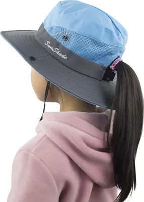 Image de ASKSA Filles Chapeau de soleil protection UV Outdoor Chapeau de randonnée pliable Chapeau de jardin avec mentonnière réglable, bicolore bleu