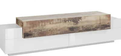Produktbild von Fernsehschrank Teo, Niedriges Sideboard für Wohnzimmer, Sockel für TV-Möbel, 100 %  Italy, cm 200x45h52, Weiß glänzend und Ahorn