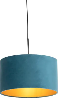 Produktbild von QAZQA - Klassisch I Antik Hängelampe I Pendellampe I Pendelleuchte mit Veloursschirm blau mit Gold I Messing 35 cm - Combi I Wohnzimmer I Schlafzimmer - Textil Zylinder I Länglich I Rund - LED geeigne