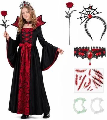 Obrázok produktu pre Kostým upírskej princeznej pre dievčatá, s náhrdelníkom, ružovým čelenkou a upírmi zubami, detská veľkosť, vhodný na Halloween