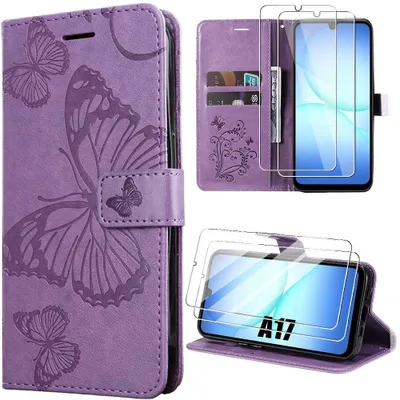 Image de Coque + 2 Verres Trempés pour Samsung Galaxy A17 4G/5G, Synthécuir Motif Relief Papillon - Violet