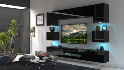 Produktbild von Furnitech Wohnwand Wohnzimmer - Wohnzimmer Möbel mit LED Blau - Wohnzimmer Schrankwand(Besta DAN1-17B-HG20 1B)