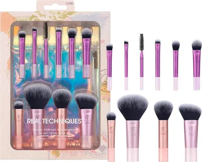 Produktbild von Travel Fantasy Mini-Pinsel-Set, Make-up-Pinsel für Lidschatten, Highlighter, Kontur, Puder und Concealer, Mini-Reisepinsel und Make-up-Tasche, synthetische Borsten, 10-teiliges Set