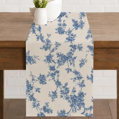 Immagine prodotto di Runner da tavolo con motivo floreale, blu e bianco, 40 x 140 cm, in poliestere