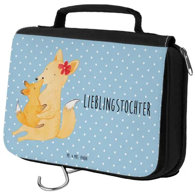 Produktbild von Mr. & Mrs. Panda Kosmetiktasche Fuchs Mama - Blau Pastell - Geschenk, Waschtasche, Umarmen, Mutter, Muttertag, Kulturtasche, kosmetiktäschchen, Kulturbeutel, Waschbeutel
