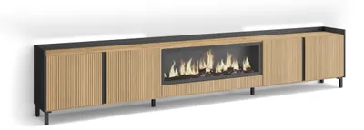 Immagine prodotto di Mobile TV Soggiorno, Ampio spazio a disposizione, 315x35x61 cm, Per TV fino a 80", Camino elettrico XXL, Design industriale, Led, Stile moderno, Rovere e nero