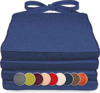Produktbild von sunnypillow 4er Set Stuhlkissen 40 x 45 x 5cm | Polsterauflage Auflage für Stühle / Rattanstühle | Stuhlauflage mit Schleifenbändern | Indoor / Outdoor | Blau |
