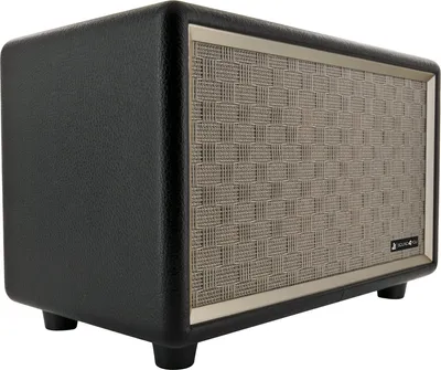 A black retro Bluetooth speaker with a woven speaker grill and silver trim.