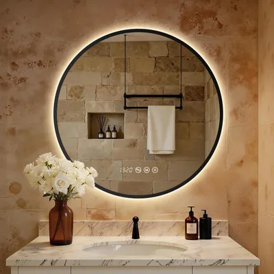 Image de S'AFIELINA Miroir Salle de Bain LED Rond 80 cm avec Éclairage, Cadre Noir, 3 températures de couleur, variateur, antibuée, horloge & température