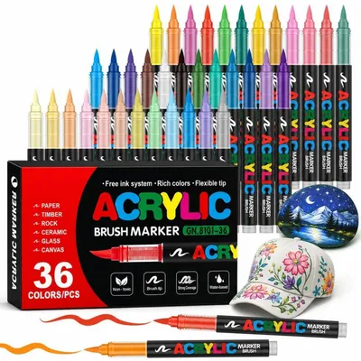Produktbild von Acrylstifte Set 36 Farben mit Pinselspitze, wasserfest, für Stein, Glas, Holz, Keramik