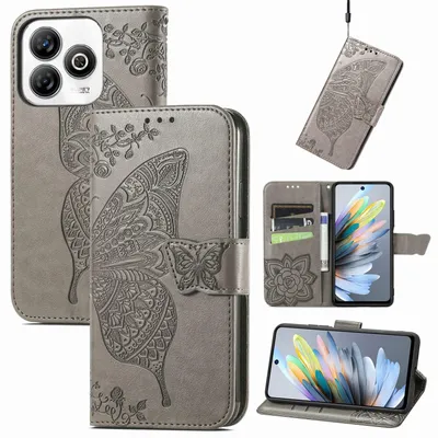Produktbild von Für ZTE Blade A75 4G Kunstleder Wallet Handy Tasche Schmetterling Design Hülle Etuis Grau