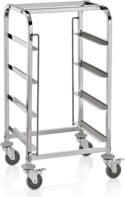 Image de WAS Germany Chariot de transport pour paniers de rinçage avec 4 rails, 55,5 x 44,5 x 100 cm, acier au nickel-chrome
