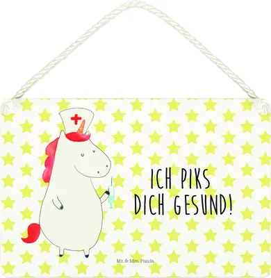 Produktbild von Mr. & Mrs. Panda Wandschild Einhorn Krankenschwester DIN A4 - Weiß - Geschenk, Holzschild, Dekobrett, Türschild, Krankenhaus, Unicorn, Wandbild Holz, Krankenpfleger