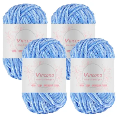 Produktbild von Chenille Wolle zum Häkeln und Stricken 4 x 100g Hellblau 100% Polyester Nadelstärke 5-6