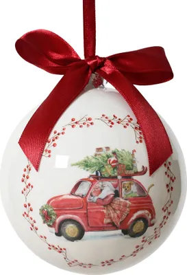 Weihnachtskugel Kunststoff 10cm mit Weihnachtsauto Motiv Weiß / Rot