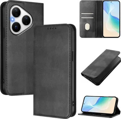 Obrázek produktu pro Pouzdro pro Huawei Pura 80, vintage kožené pouzdro s RFID ochranou, přihrádkami na karty, stojánkem Černý