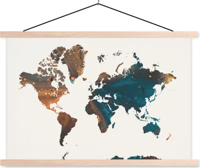 Produktbild von MuchoWow® Textilposter Weltkarte - Blau - Farbe 60x40 cm mit holzfarbenen Rahmen - Bilder