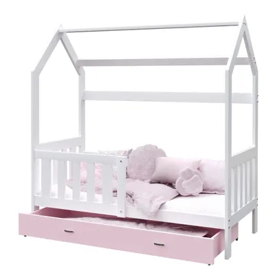 Produktbild von Bett PLUTO Häuschenbett 80x190 cm Kinderbett mit Schublade Lattenrost Rausfallschutz weiß rosa