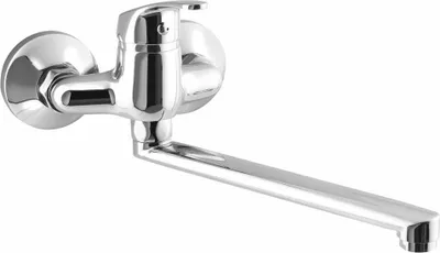 A chrome-finished wall-mounted faucet with a long, flat spout, shown against a white background.
