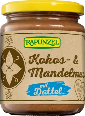 Produktbild von Rapunzel 130210, Gemischter Nussaufstrich, 250 g, Nüsse, Deutschland, Kokosnuss* (40,00%), MANDELN* (40,00%), Datteln* (20,00%), Kühl und trocken lagern.