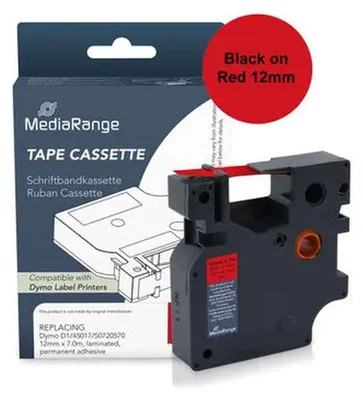Produktbild von MediaRange Kunststoff-Schriftbandkassette, für/ersetzt Dymo® 91222/S0721670, permanent haftend, 12mm, 4m, laminiert, schwarz auf gelb, Schwarz auf rot, D1, Schwarz, Kunststoff, DYMO, Dymo LabelManager 100, 160, 210D, 220P, 260P, 280, 350, 350D, 360D, 420P, 450D, 500TS, PnP,...