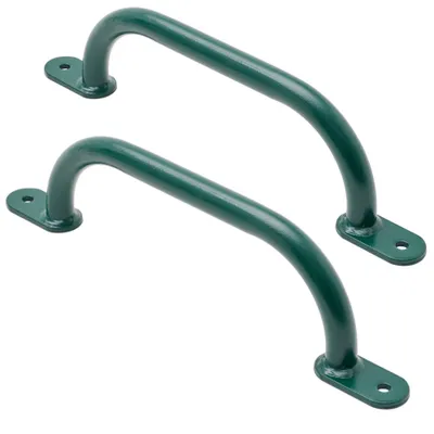 Two green climbing handles on a white background.