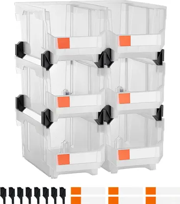 Immagine prodotto di SucceBuy scatole impilabili, 377 x 215 x 180 mm (confezione da 6), scatole per l'organizzazione e l'archiviazione, scatole a giorno per armadi, garage, minuteria, articoli per ufficio e altri accessori, trasparenti