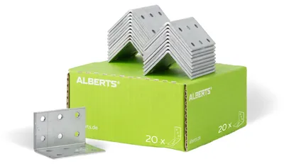 Zdjęcie produktu dla Alberts 339067 Kątowniki z otworami, ocynkowane metodą Sendzimira, 40 x 40 x 60 mm, zestaw 20 sztuk