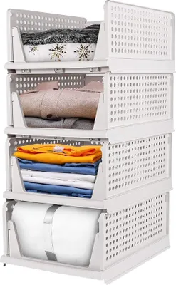 Zdjęcie produktu dla Zestaw 4 pojemników do przechowywania w szafie marki Unyqoos®, wykonanych z tworzywa PP, wodoodpornych i trwałych, o wymiarach 43 x 32,5 x 18,5 cm, zajmujących mało miejsca podczas przechowywania