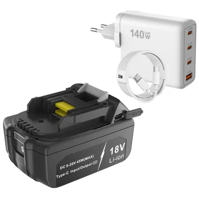 Productafbeelding van 18V 6Ah accu met USB-C PD-aansluiting en laadfunctie, geschikt voor Makita BL1840, BL1850, BL1860, BL1815, LXT400, met PD-140W USB-C/USB-A snellader en power adapter