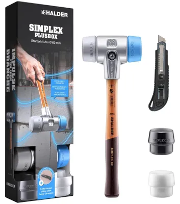 Zdjęcie produktu dla Zestaw startowy SIMPLEX-Plusbox z aluminiowym młotkiem SIMPLEX D60, wkładami TPE-soft i TPE-mid, w aluminiowej obudowie, a także wkładem z gumy i wkładem z superplastiku oraz nożem tnącym 3113s004