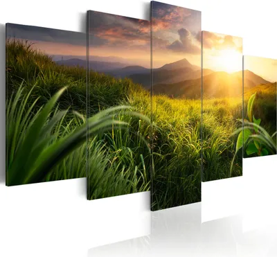 Image de Tableaux décoratifs nature, montagne, soleil, herbe, dimensions 200x100 cm, ensemble de 5 pièces – Tableaux modernes sur toile, impressions sur toile, décoration murale pour chambre à coucher, référence c-A-0095-b-m